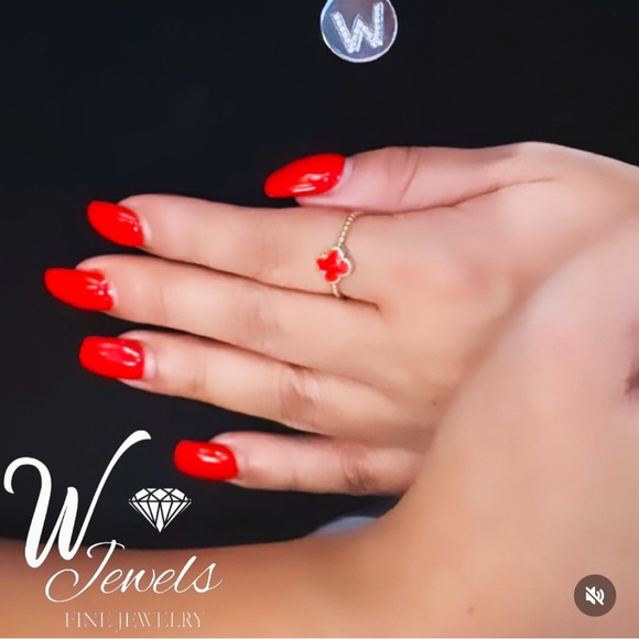 14K Yellow Gold red enamel beaded clover ring - Picture 2 of 7